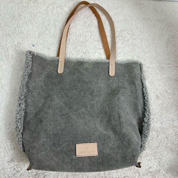 Jamie Young Co. Gray Canvas Tote Bag Shopper Fringe Trim Interior Design - Picture 2 of 13